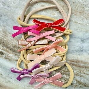 Velvet and Leather teeny bows nude nylon headbands baby bows